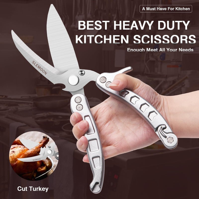 SLEMOON Heavy Duty Poultry Shears Kitchen Salad Scissors for Chicken Turkey Meat Herb Vegetable 2pcs Silver - Image 2